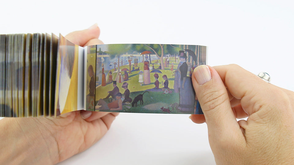George Seurat Flipbook. Images: A Sunday Afternoon on the Island of La Grande Jatte, Models, The Mower, Bathers at Asnières, Gray Weather, Grande Jatte.