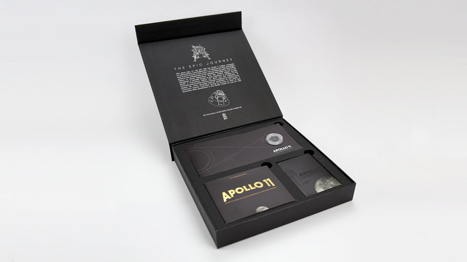 APOLLO 11 FOIL BUNDLE - Exclusive bundle that includes a real fragment of mission-flown Kapton Foil that protected the Columbia Command Module during its re-entry to Earth. A unique collector&#39;s item.